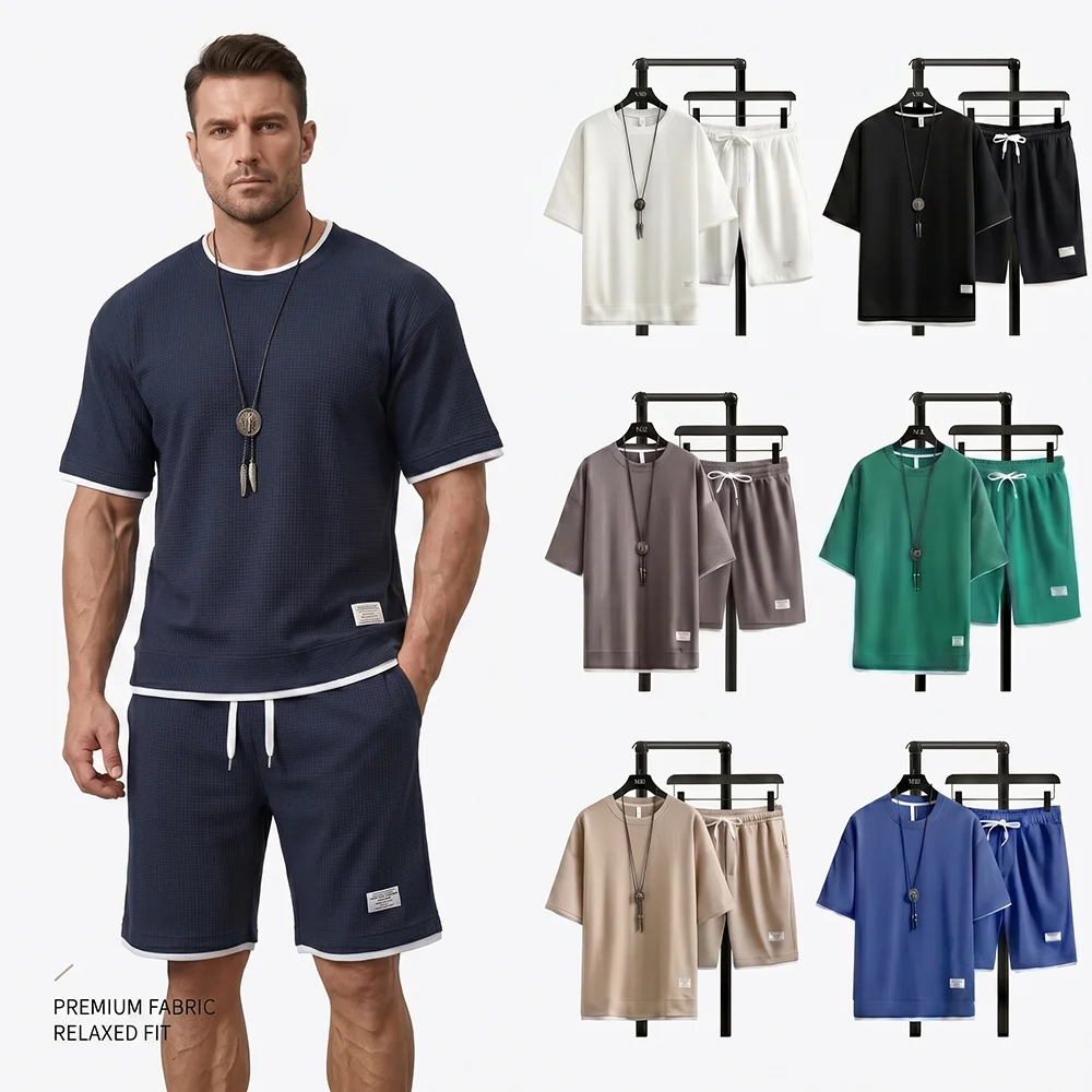 Streetwear Brand Shorts - Summer Men's Waffle Knit Tracksuit Oversized